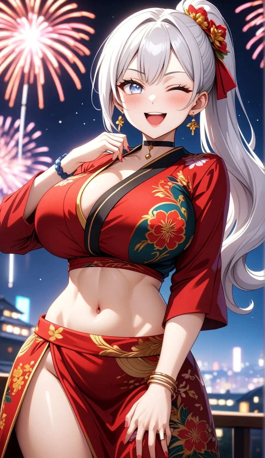 (One personの女性)), Beautiful Face, (Laughing embarrassedly), ((smirk)), ((Wink:2.0)),  Laugh with your mouth wide open,((Bright red cheeks:1.4)),Shiny red lips, night,rooftop,Festivals, firework,Glossy red lips,Facial lighting,((Anime style background)),masterpiece, Highest quality, so beautiful,up to date, Complex details, ((midriff peek)), (Pink long nails), (ring),(bracelet),(choker),AI-generated, Complex,High resolution, Highest quality, super high quality,3D Images、3D Images,One person,Long white hair in a high side ponytail,(blue eyes),  ((Fine grain、Silvery white colorful eyes、Shining Eyes:1.4)), (Squint your eyes:1.1), 写真のポーズをとるAnime Women, a hyperRealistic , hyperRealistic , Realistic,Anime Women, Smooth anime CG art, A woman in a colorful kimono with gold embroidery, (Black long sleeve kimono),  Red floral pattern,Long flower hair ornament,Earrings,Mature Body,(Big Breasts:1.1),Tall,Abdominal muscles,Narrow waist,(Zoom in on face:1.7),