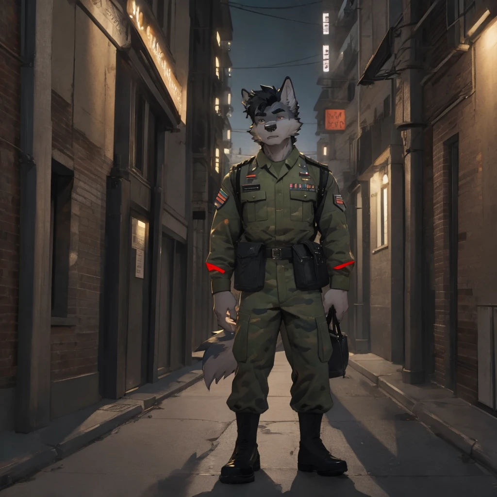 Male, male focus, wolf, short hairs, black fur, white fur, black hair, Red heart stripes on his hair, military uniform, high quality, highlight, shade, shadow, city street, night, scar