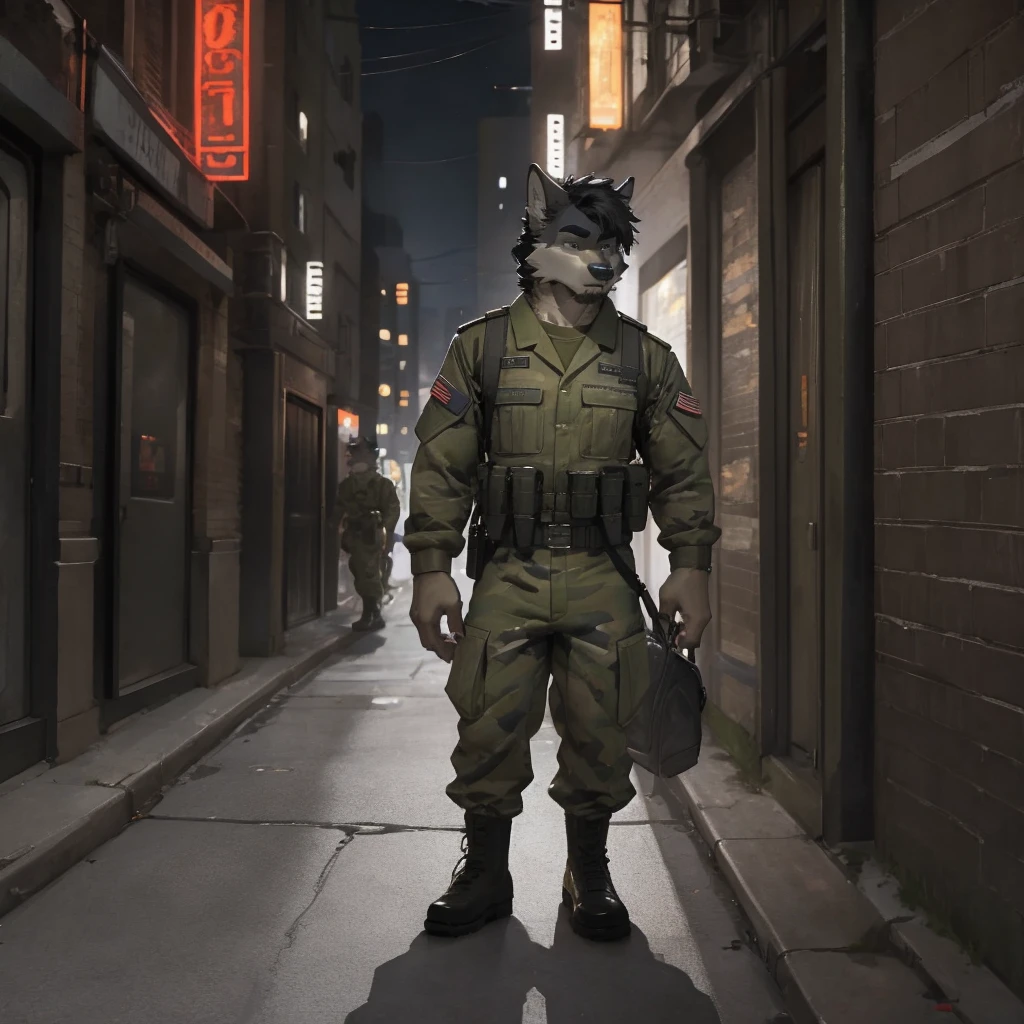 Male, male focus, wolf, short hairs, black fur, white fur, black hair, Red heart stripes on his hair, military uniform, high quality, highlight, shade, shadow, city street, night, scar