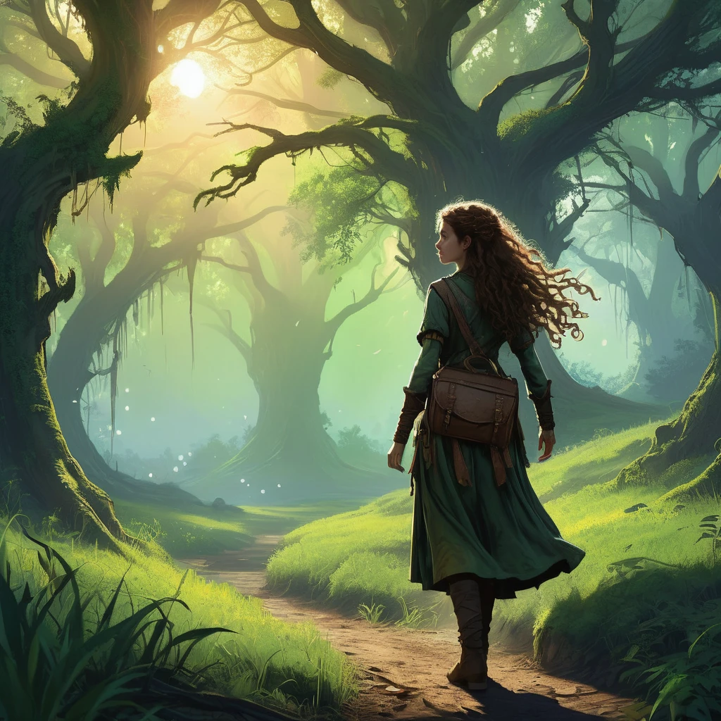 Under the canopy of ancient, twisted trees, a young female teenager with curly brown hair stands at the edge of a grassfield. Her simple brown farmer's outfit, worn and patched, contrasts sharply with the shadowy, mystical ambiance of the woods.

From the back, she appears to be contemplating the path before her, the dim light of the setting sun casting long shadows around her. The forest ahead is thick with gnarled roots and whispering leaves, alive with the unseen presence of mythical creatures and hidden dangers.

In hee hand, she clutches a worn leather satchel, a symbol of his humble beginnings and the simple life he left behind. As he steps forward, the forest seems to close in, the air growing colder and filled with the faint sounds of distant howls and rustling underbrush.

What secrets lie ahead on the path she has chosen? What trials will shee face in the the dark, enchanted forest? This is the beginning of his journey, one that will test his courage, resolve, and the very essence of his character.