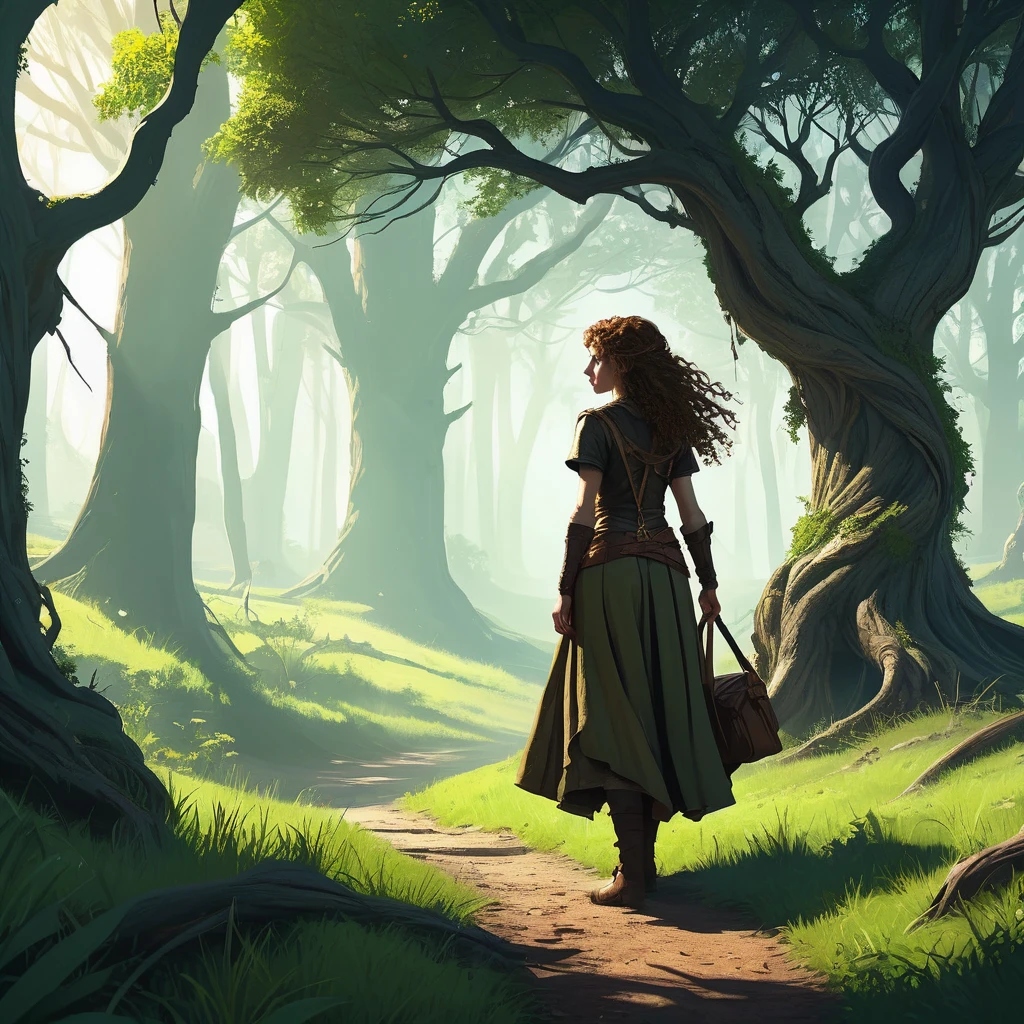 Under the canopy of ancient, twisted trees, a young female teenager with curly brown hair stands at the edge of a grassfield. Her simple brown farmer's outfit, worn and patched, contrasts sharply with the shadowy, mystical ambiance of the woods.

From the back, she appears to be contemplating the path before her, the dim light of the setting sun casting long shadows around her. The forest ahead is thick with gnarled roots and whispering leaves, alive with the unseen presence of mythical creatures and hidden dangers.

In hee hand, she clutches a worn leather satchel, a symbol of his humble beginnings and the simple life he left behind. As he steps forward, the forest seems to close in, the air growing colder and filled with the faint sounds of distant howls and rustling underbrush.

What secrets lie ahead on the path she has chosen? What trials will shee face in the the dark, enchanted forest? This is the beginning of his journey, one that will test his courage, resolve, and the very essence of his character.