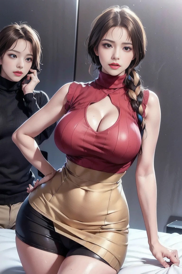 ((1 mature mother and her young son)),Delicate details on the lips,a milf,artstationh trend,intricate face details,curvy physique,(thick body),vibrant,4k,12k resolution,seductive, mom boy seductive ippo makanaochi, ((magenta turtleneck sweater, Sleeveless, ribbed sweater, open cleavage, slim body, slim leggs, long leggs : 1.2)