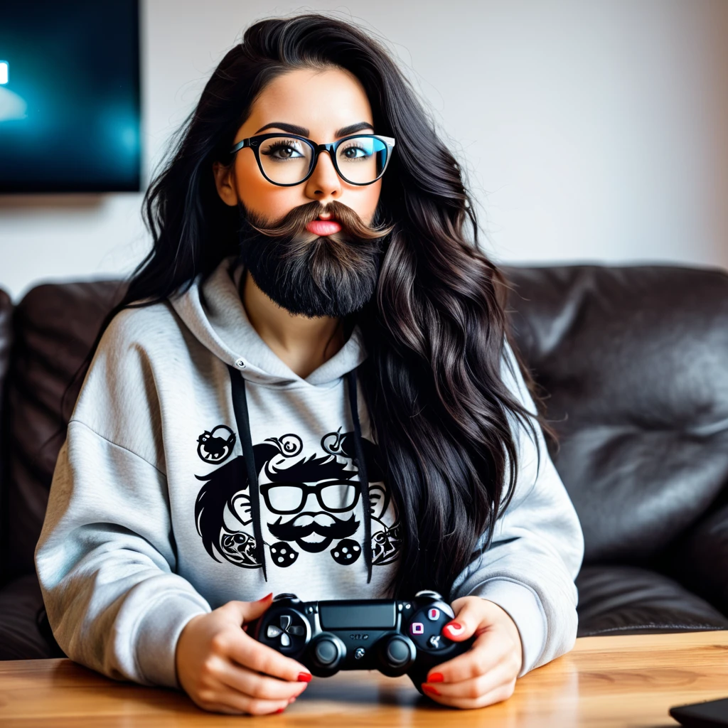 woman with huge and beautiful beard, long black hair, wears glasses, sweatshirt, geek nerd, plays video games