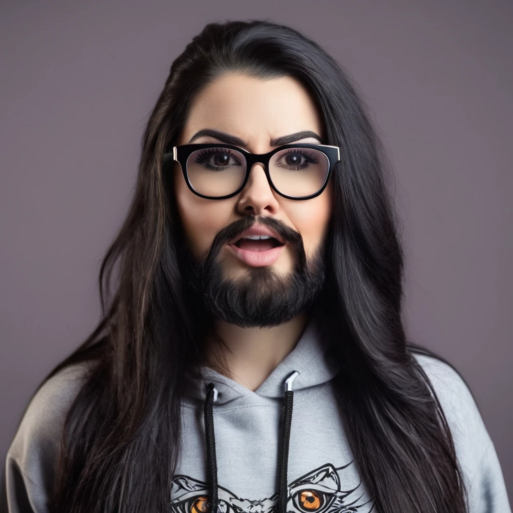 woman with huge and beautiful beard, long black hair, wears glasses, sweatshirt, geek nerd, plays video games