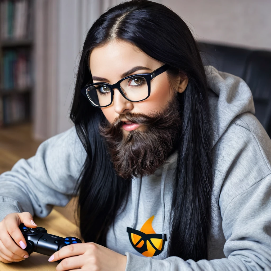 woman with huge and beautiful beard, long black hair, wears glasses, sweatshirt, geek nerd, plays video games