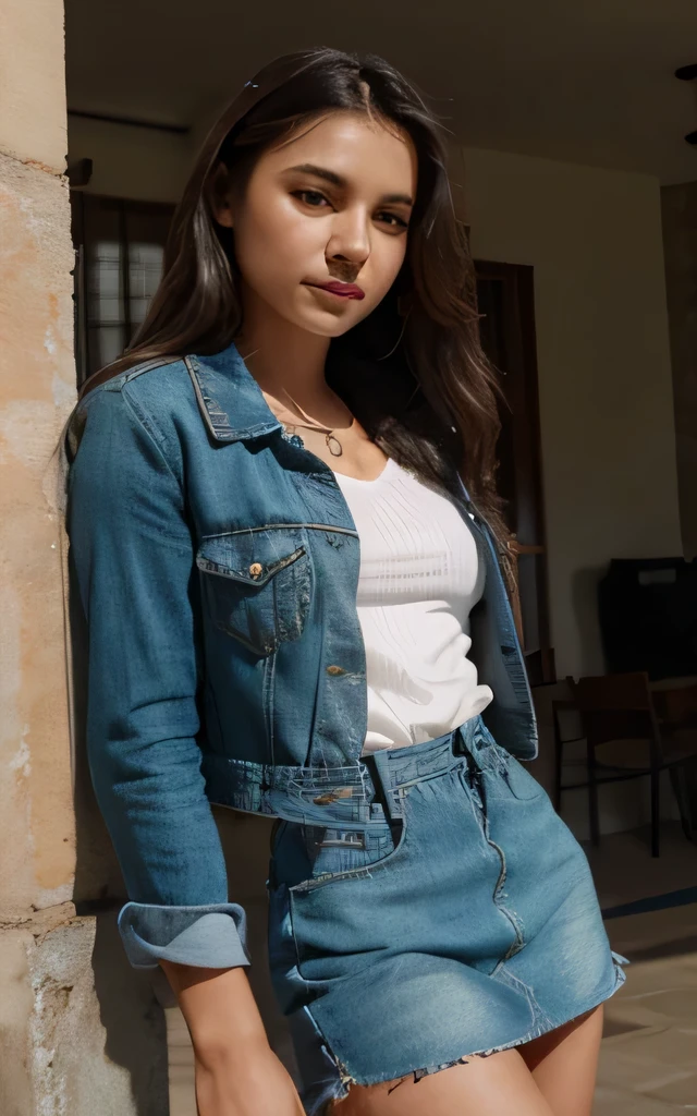 teenage woman. linda ,dressed in leather and fur jacket