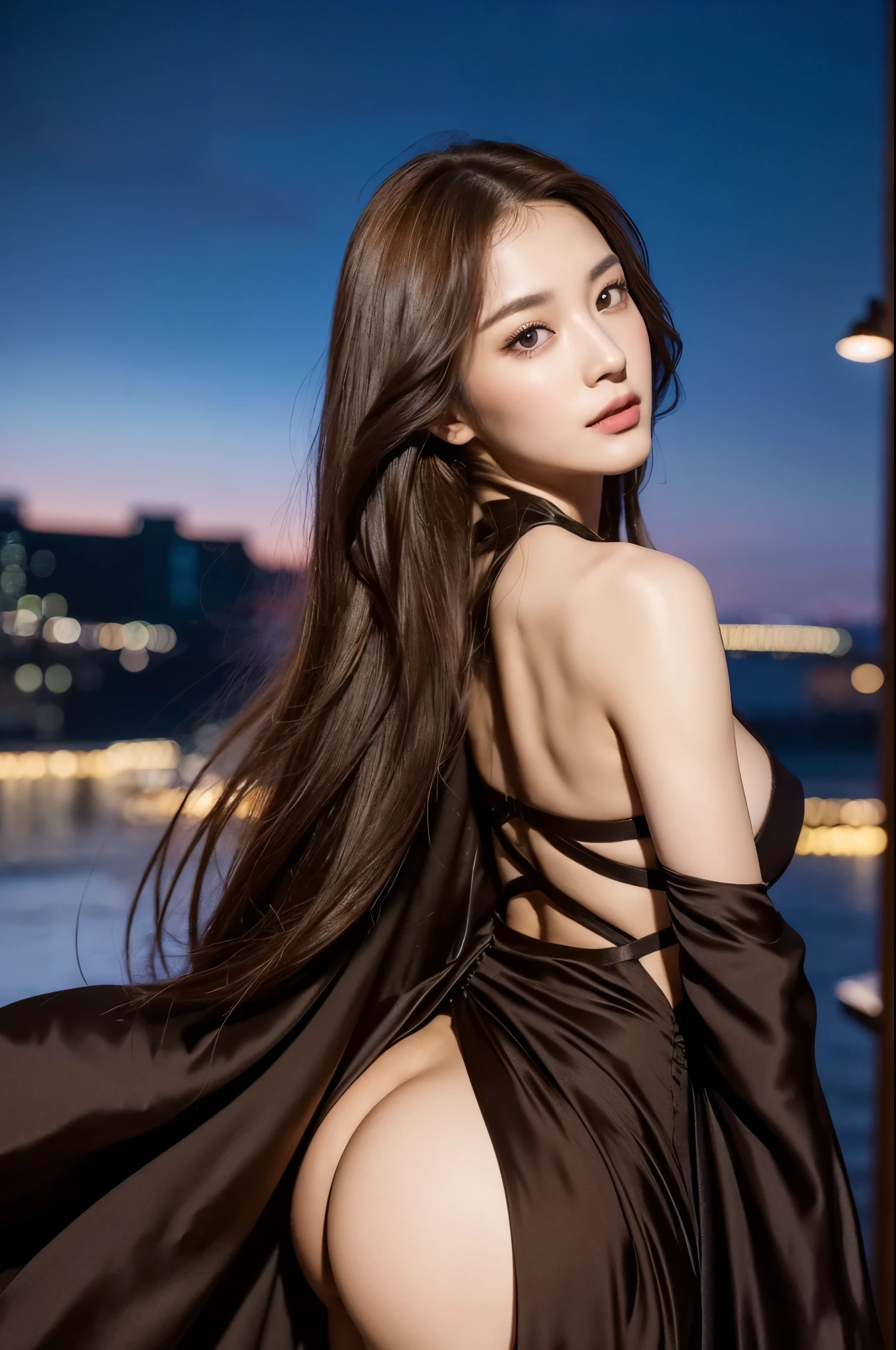 ((Midnight, Best quality, 8k, Masterpiece :1.3, Photorealistic:)), Whole body, Long legs, Ultra High Resolution, Sharp focus :1.2, A pretty woman with perfect figure :1.4, Slender abs :1.1, ((Dark brown hair, Big breasts :1.2)), (sexy dress, thighs,, standing in outside, from behind, showing ass, night sky, skyline), Highly detailed face and skin texture, Detailed eyes, Double eyelid,