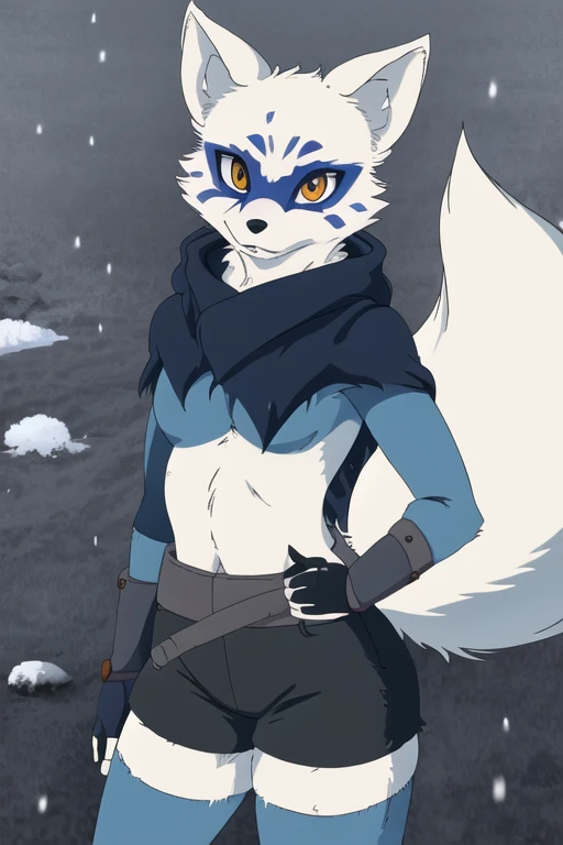 Alopex, arctic fox, furry, blue marks face, tmnt, smile, orange eyes, girl1, solo, black cape, gloves, black shirt, black shorts, best quality, masterpiece, living room