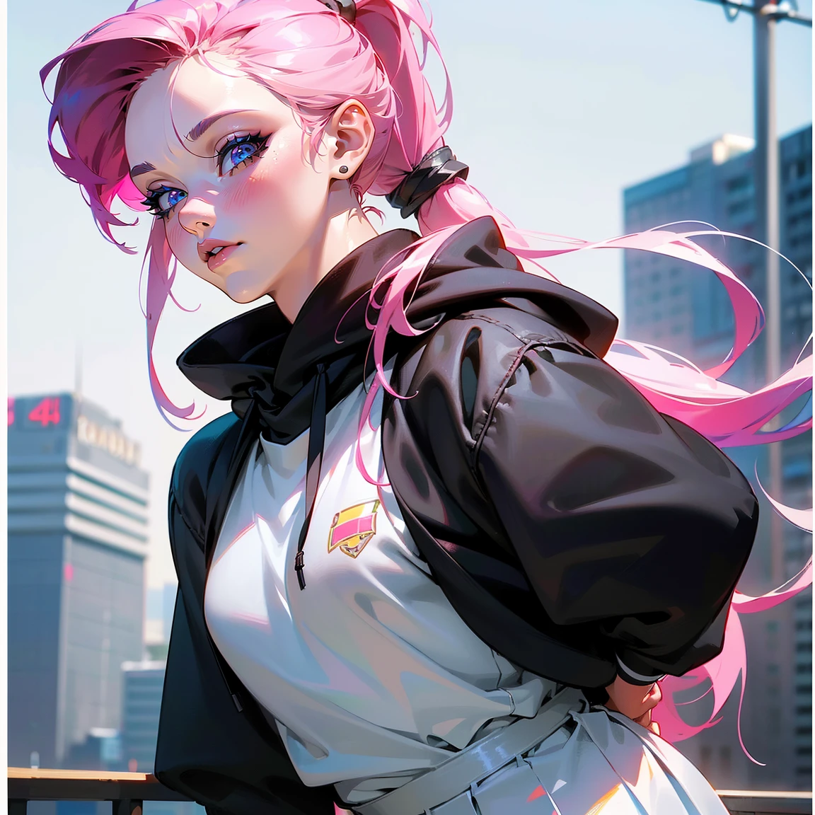 a 16 year old boy with pink hair in a ponytail, beautiful detailed eyes, beautiful detailed lips, extremely detailed face, long eyelashes, wearing a black hoodie and white skirt, standing in a city background, (best quality,4k,8k,highres,masterpiece:1.2),ultra-detailed,(realistic,photorealistic,photo-realistic:1.37),studio lighting,vivid colors