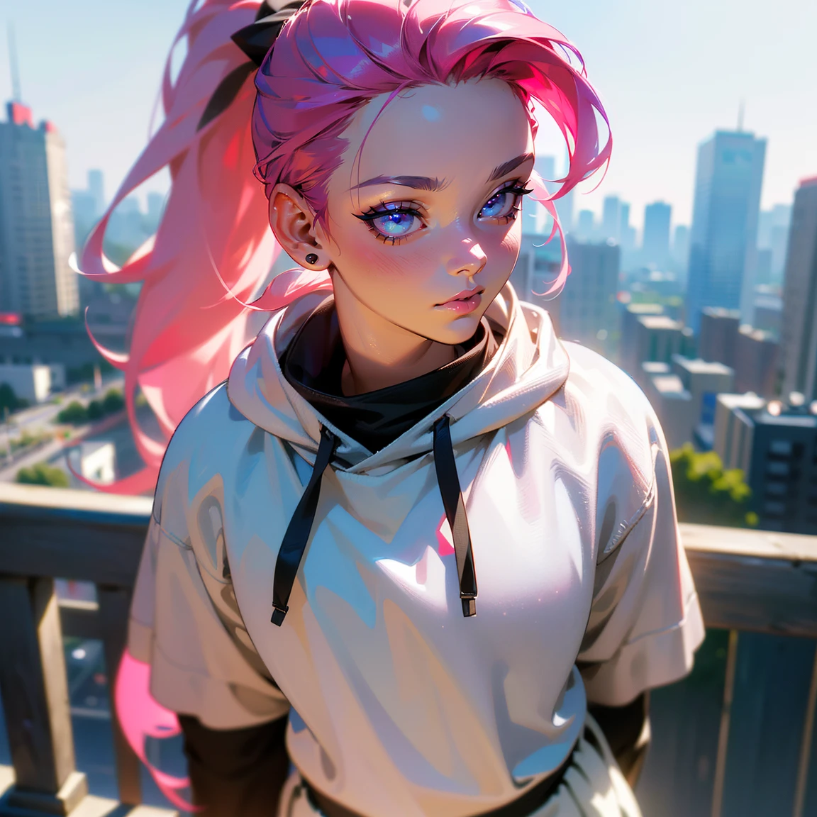 a  boy with pink hair in a ponytail, beautiful detailed eyes, beautiful detailed lips, extremely detailed face, long eyelashes, wearing a black hoodie and white skirt, standing in a city background, (best quality,4k,8k,highres,masterpiece:1.2),ultra-detailed,(realistic,photorealistic,photo-realistic:1.37),studio lighting,vivid colors