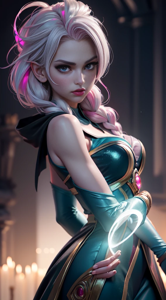 (realisticlying:1.3),ultra - detailed,Beautiful and beautiful,tmasterpiece,best qualtiy,photoreal render,moodylighting,1girll,独奏, purplesweater,grey leggings,Purple magic flame in hand,Fine details, Light and shadow background, Ocean blue hair and cyan eyes,