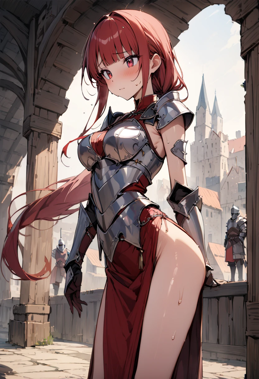 ((masterpiece,Highest quality:1.3)),cowboy shot,1woman,30 year old beauty,female knight、独奏,((very small head:1.2)),red hair,long hair,low ponytail,blunt bangs,red eyes,gorgeous eyes,shy,medium breasts,((very long body:1.2)),((toned body,slender body,skinny)),gleaming skin,shiny skin,sweat,knight armor、Iron Gauntlets、Red Skirt、slit、standing,city、Medieval Europe、