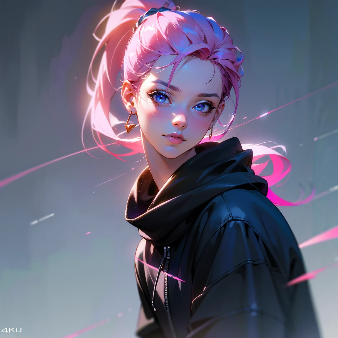 a male with pink hair in a ponytail, pink eyes, wearing a black hoodie and white skirt, in a city background,beautiful detailed eyes,beautiful detailed lips,extremely detailed eyes and face,longeyelashes,(best quality,4k,8k,highres,masterpiece:1.2),ultra-detailed,(realistic,photorealistic,photo-realistic:1.37),digital painting,vivid colors,cinematic lighting