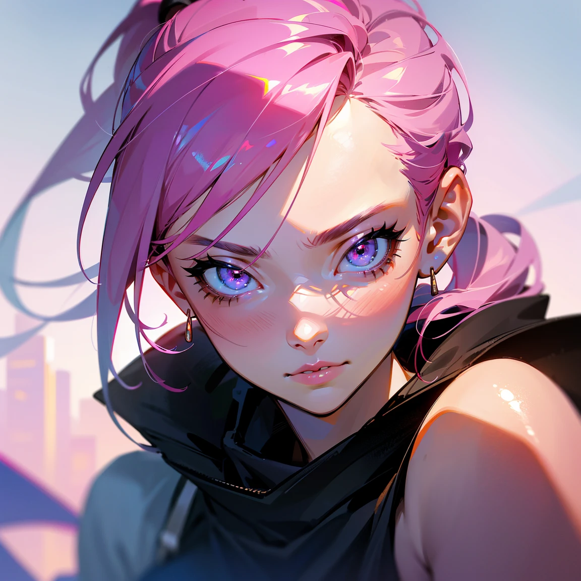 a male with pink hair in a ponytail, pink eyes, wearing a black hoodie and white skirt, in a city background,beautiful detailed eyes,beautiful detailed lips,extremely detailed eyes and face,longeyelashes,(best quality,4k,8k,highres,masterpiece:1.2),ultra-detailed,(realistic,photorealistic,photo-realistic:1.37),digital painting,vivid colors,cinematic lighting