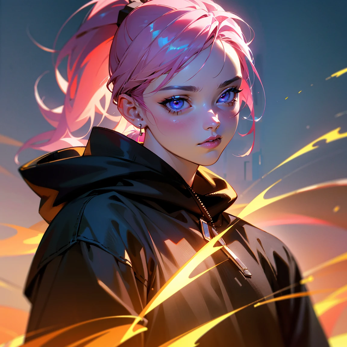 a male with pink hair in a ponytail, pink eyes, wearing a black hoodie and white skirt, in a city background,beautiful detailed eyes,beautiful detailed lips,extremely detailed eyes and face,longeyelashes,(best quality,4k,8k,highres,masterpiece:1.2),ultra-detailed,(realistic,photorealistic,photo-realistic:1.37),digital painting,vivid colors,cinematic lighting