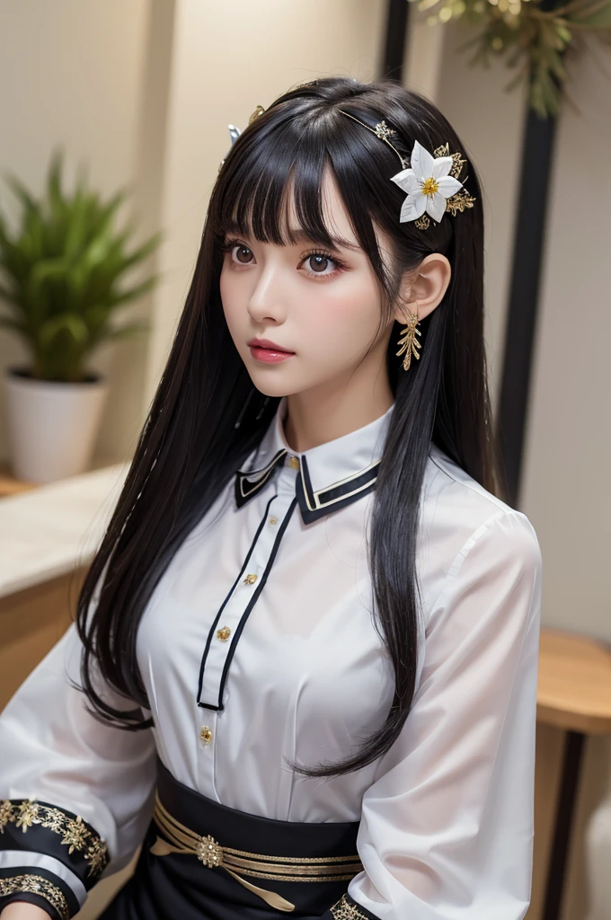 Highest quality, (Realistic:1.2), One girl, alone, Detailed face, Face Focus, Are standing, Black Hair,(hair ornaments:1.35),office lady, Sleeves edged with ribbon, Removable sleeves, Ribbon trim, Wide sleeves, (View your viewers:1.5) Long Hair, Iris, bangs, lips,