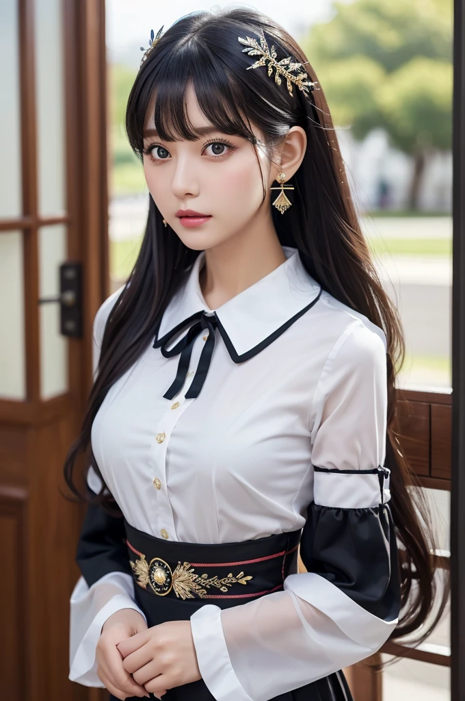 Highest quality, (Realistic:1.2), One girl, alone, Detailed face, Face Focus, Are standing, Black Hair,(hair ornaments:1.35),office lady, Sleeves edged with ribbon, Removable sleeves, Ribbon trim, Wide sleeves, (View your viewers:1.5) Long Hair, Iris, bangs, lips,