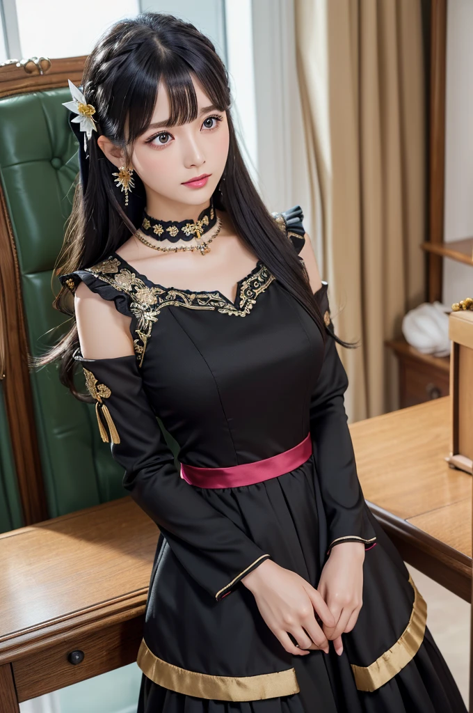 Highest quality, (Realistic:1.2), One girl, alone, Detailed face, Face Focus, Are standing, Black Hair,(hair ornaments:1.35),office lady, Sleeves edged with ribbon, Removable sleeves, Ribbon trim, Wide sleeves, (View your viewers:1.5) Long Hair, Iris, bangs, lips,
