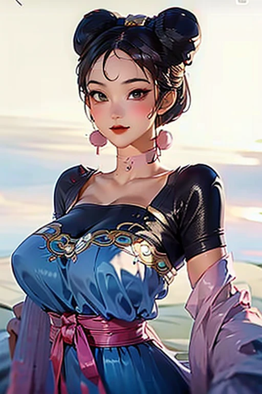 Chun-Li, from street fighter,(Large Breasts:1.5),Dynamic poses, completely open her chest,Big breasts,,(((Full and soft breasts,)))(((Huge breasts))) (((Cleavage))),
Super perfect body curve, Headband, Double bun, S-Shaped Body,Anime Grandma (18 years old)- Hot Dad - Flirty - Body Language, Fit the figure, Not a good smile,gorgeous perfect face, Photorealistic style and ultra-detailed rendering, Surrealism,Kawaii, Brush, Surrealism油画, Contour shading - (Waiting to start)