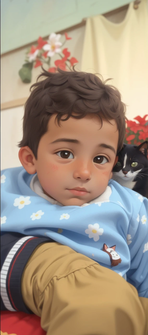 Retrato realista de um de sete anos, Ele usa uma camisa vermelha . Your face is and exploratory . Ele sai cautelosamente para o jardim da casa, A small cat is among the bushes and he touches it cautiously ,Not facing the camera,, Hair is messy ,