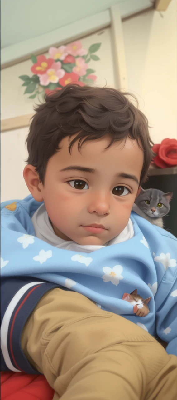 Retrato realista de um de sete anos, Ele usa uma camisa vermelha . Your face is and exploratory . Ele sai cautelosamente para o jardim da casa, A small cat is among the bushes and he touches it cautiously ,Not facing the camera,, Hair is messy ,