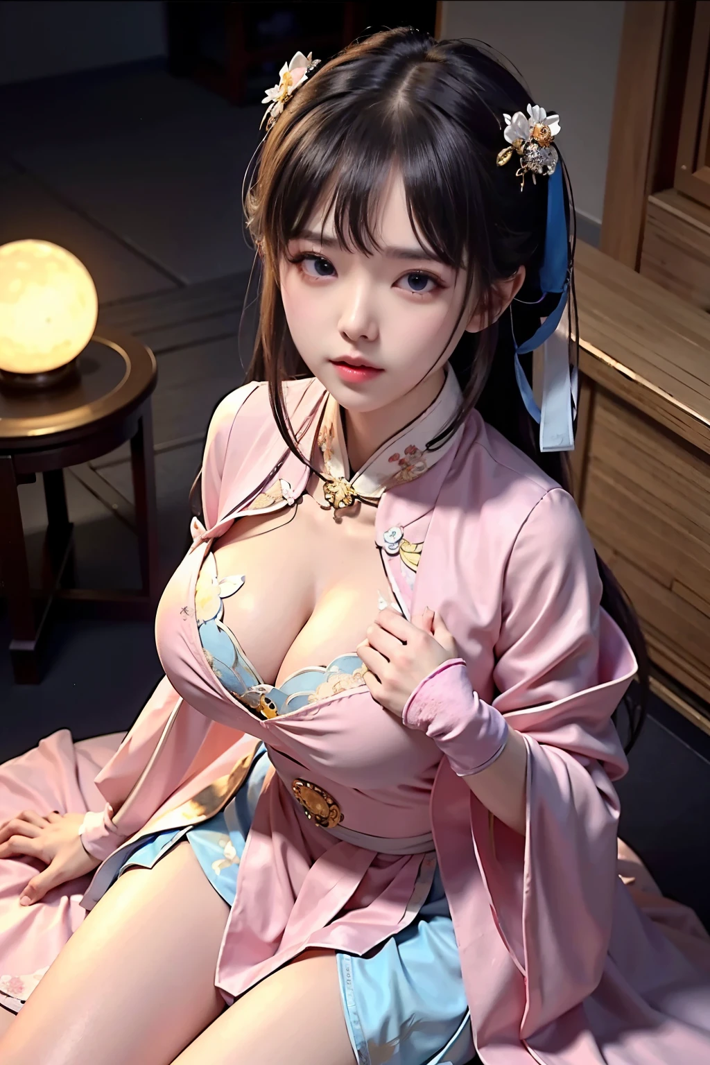 a princess 8 yeald old cute Hanfu dynasty open V-chested clothes royal, All pictures, Wet body of thin silk fabric, Thin silk lace petticoat,princess 8 yeald old cute, (huge ,cleavage),petticoat, white pink, blue ,best qualtiy,tmasterpiece,Ultra-high resolution,(Reality:1.4),RAW photogr,(True skin texture:1.3),(filmgrain:1.3),(Selfie angle),1个Giant Breast Girl,Beautiful eye and face details,tmasterpiece,Best quality at best,exposing thighs,Bigchest,The chest is more exposed, detailed hair,above looking down facing at camera,short dressPrincess Eyes,Super big eyes,Detailed face,shiny pupils, dress pink (a garden,moon palace,Chang'e,mooncakes)
