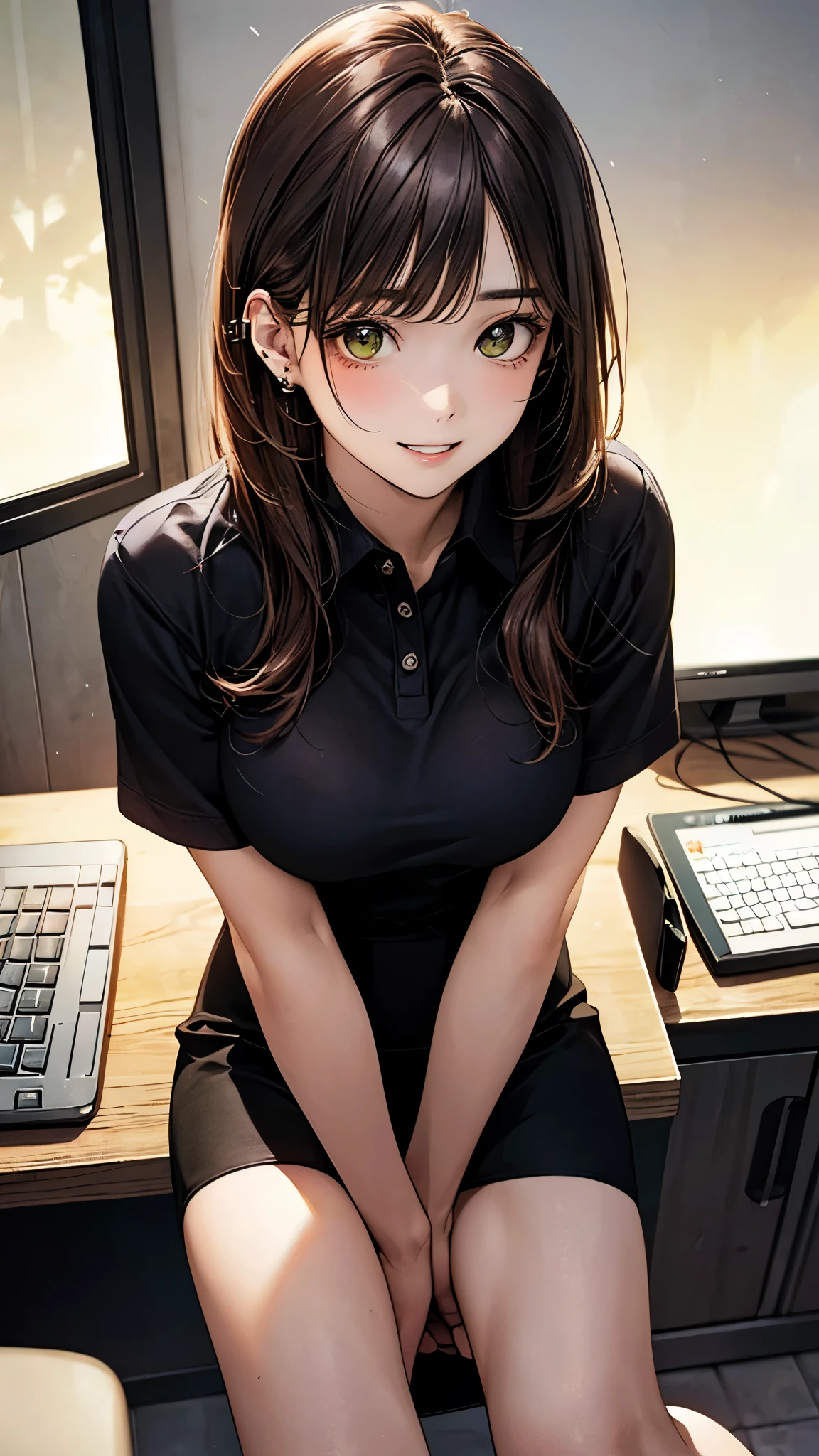 (masterpiece:1.2, top-quality), (realistic, photorealistic:1.4), beautiful illustration, (natural side lighting, movie lighting),
looking at viewer, (breast focus), (from above:1.1), close up, 1 woman, japanese, 20 years old, high school teacher, perfect face, cute and symmetrical face, shiny skin, babyface,
(long hair, straight hair, sidelocks, daek brown hair), bangs, yellow green eyes, drooping eyes, big eyes, (middle breasts, seductive thighs, big ass), piercings,
beautiful hair, beautiful face, beautiful detailed eyes, beautiful clavicle, beautiful body, beautiful chest, beautiful thigh, beautiful legs, beautiful fingers,
(black tight skirt, short sleeve white collared shirt),
(beautiful scenery), summer, evening, (computer office:1.2), sitting chair, (lovely smile, upper eyes, parted lips),