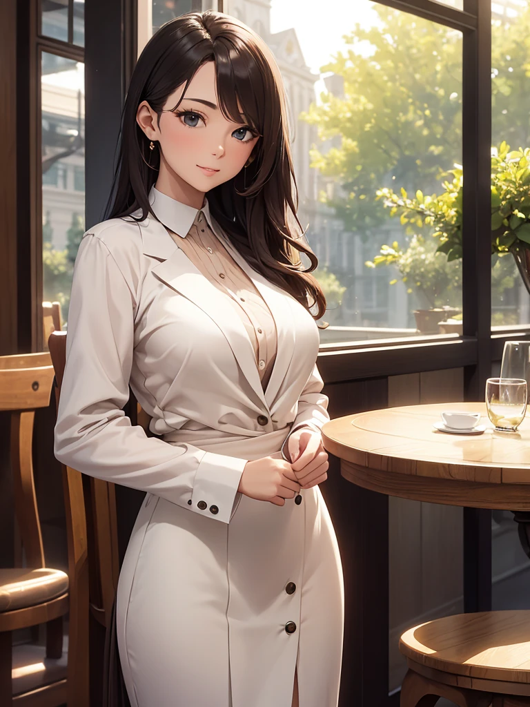 (masterpiece、top-quality、hight resolution), A meeting scene set up through a dating site. The protagonist is surprised to see a kind and elegant married woman approaching him. She is dressed in fine, sophisticated clothing, smiles warmly, and addresses the protagonist using her dating site username. They are in a cozy café or park. There is a sense of unexpectedness and the awkwardness of being about to be raped by this person. nsfw