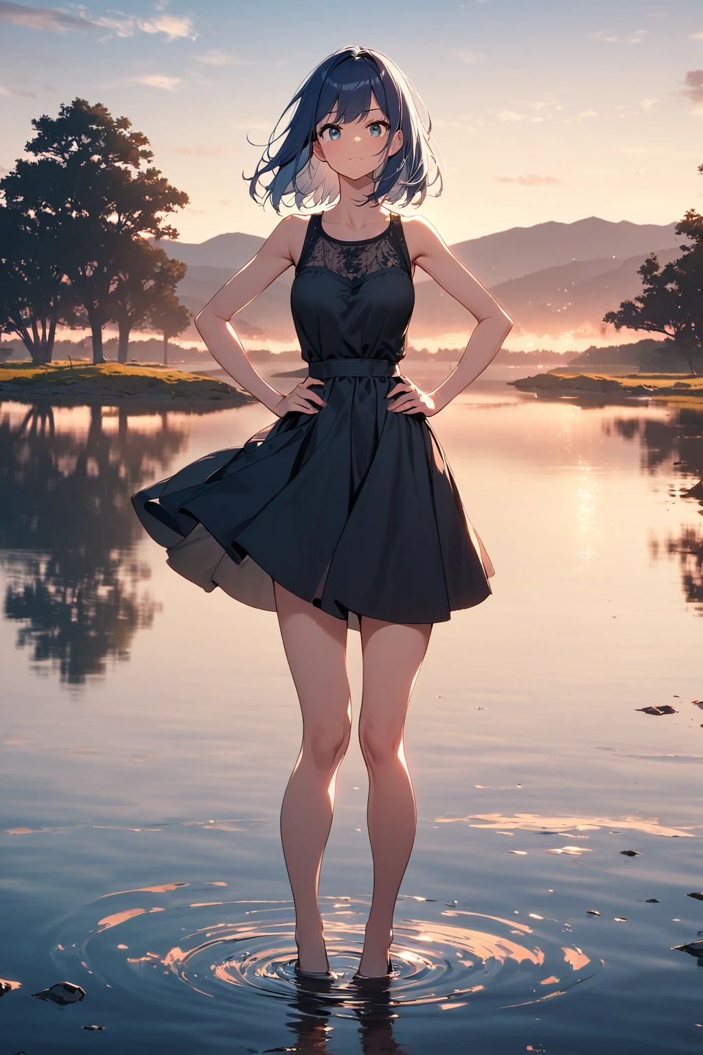A girl,Blue Hair,Very energetic,Complete mission structure,Delicate face,(absurdres:1.1),full_shot,(posing:1.1),On the lake,Reflection