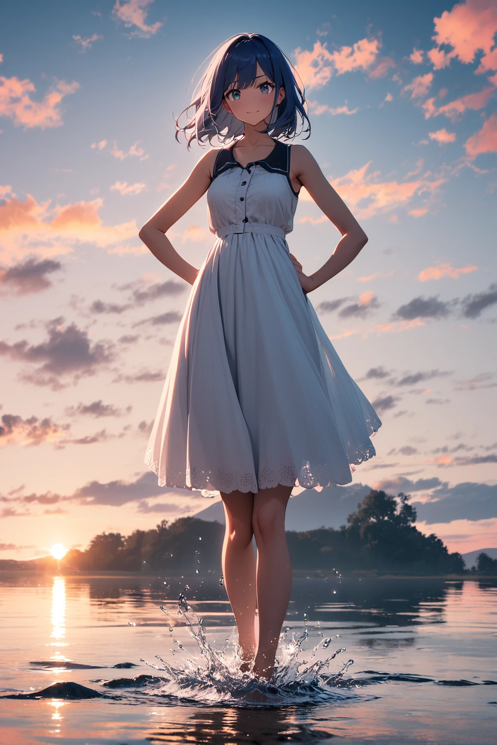 A girl,Blue Hair,Very energetic,Complete mission structure,Delicate face,(absurdres:1.1),full_shot,(posing:1.1),On the lake,Reflection