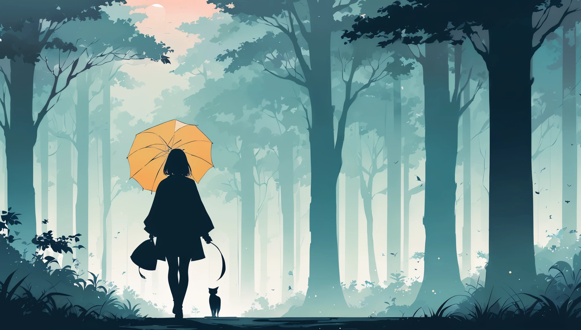 Landscape of park or forest with trees and plants shrouded in mist, silhouette of a girl walking with a colorful umbrella drawn in soft tones, expressing the relaxing feeling of a solo walk in nature, Japanese anime style