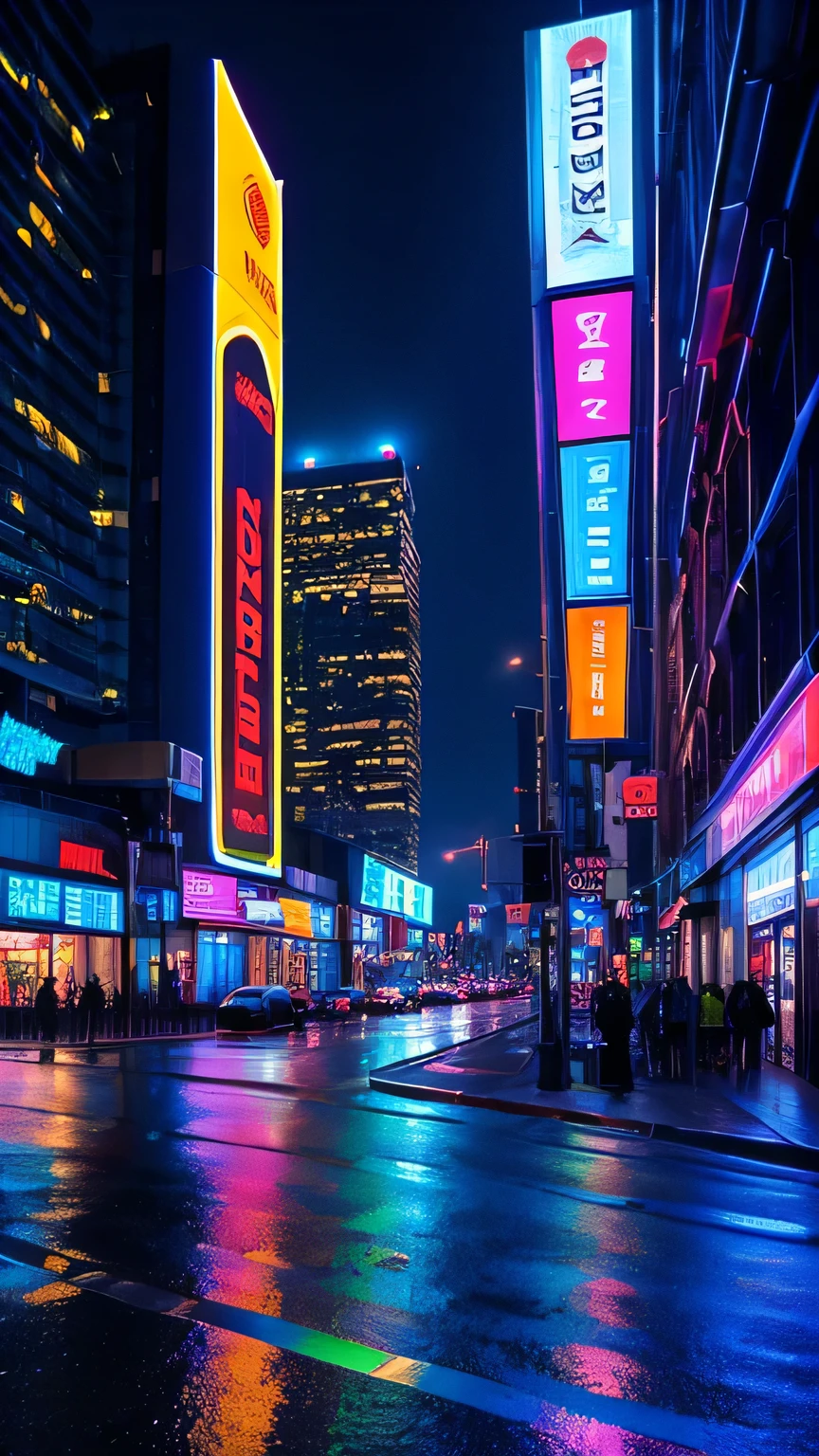 A futuristic cityscape at night, with neon lights reflecting on wet streets, and towering holographic advertisements in the sky