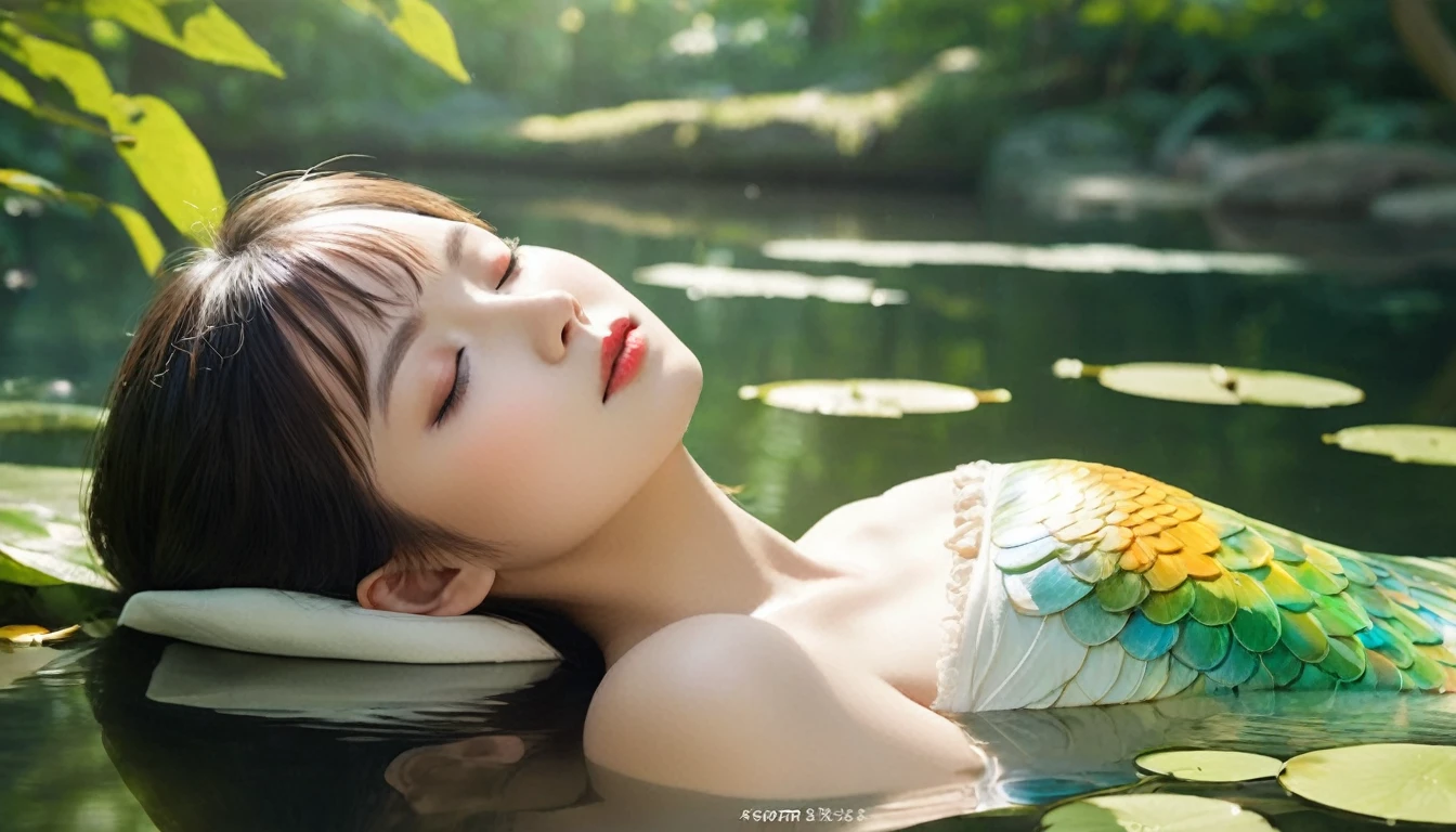 A beautiful fairy with wings、Sleeping、目を閉じてSleeping、Fairy in front、Upper Body、bangs、Close-up of face、Glossy lips、Afternoon Library、Sunlight filtering through the trees、high resolution、mysterious、high resolution、 Around her are bright and a quiet carp pond. The scenes are drawn combining illustration and photorealism, Highly detailed brush strokes and sharpness, Bright colors. Lighting that highlights the elegance of the ユニフォーム, Gives skin softness, Porcelain Shine。. The artwork is of the highest quality, Exquisite costume details on display,night