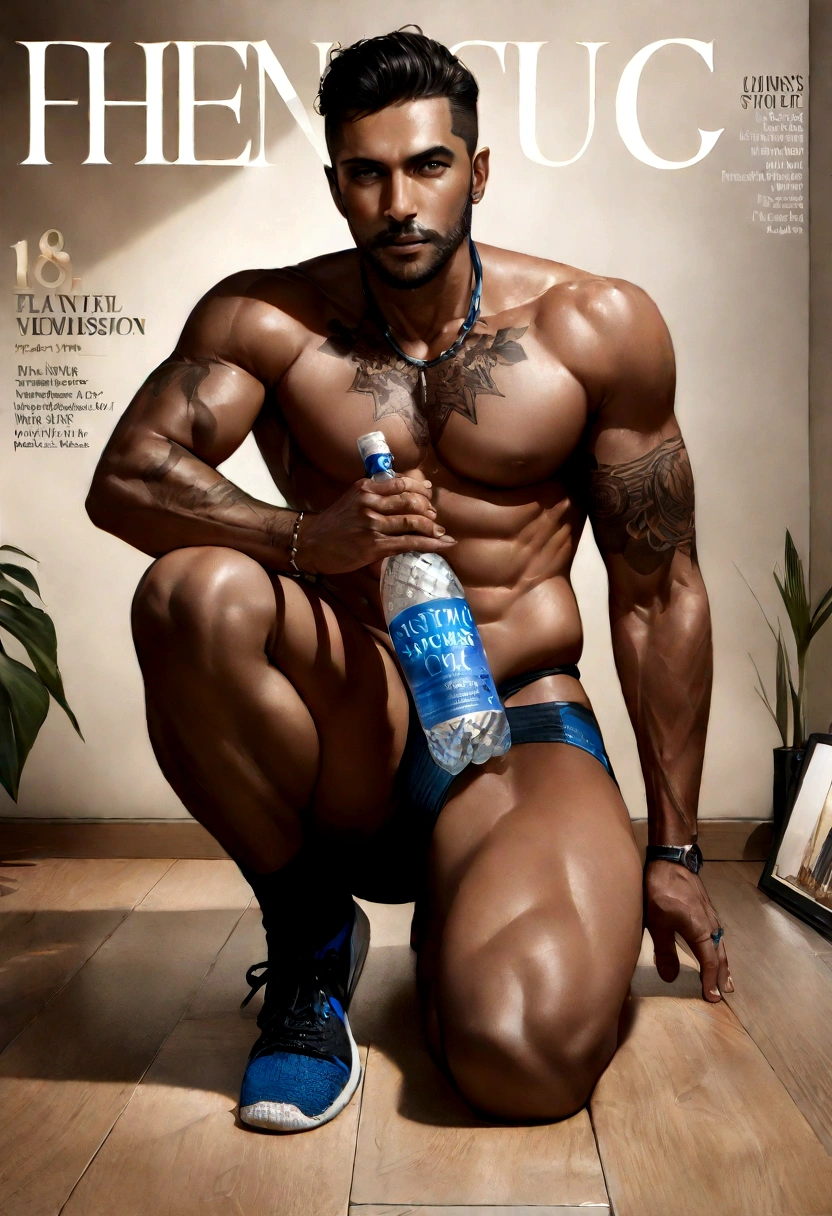 Arafian man holding a bottle of water and a bottle of ice, men's magazine model, male model, dark-skinned man, men's fashion photo, full body, fitness model, head and shoulders photography, underwear ads, body tattoo and on the legs, advertising men's underwear products, super strong and cool, ((full body: 1.2)), (best quality: 1.5), (masterpiece: 1.5), (best quality, 4k, 8k, high resolution, masterpiece: 1.2), ultra detailed, (realistic, photorealistic, photorealistic: 1.37), colorful, sculptural quality, man, masculine, 30 year old man, ((perfect face, ((male face)), (fantastic: 1.5), (best quality: 1.5), (masterpiece: 1.5), ((full body: 1.5)), magazine cover
