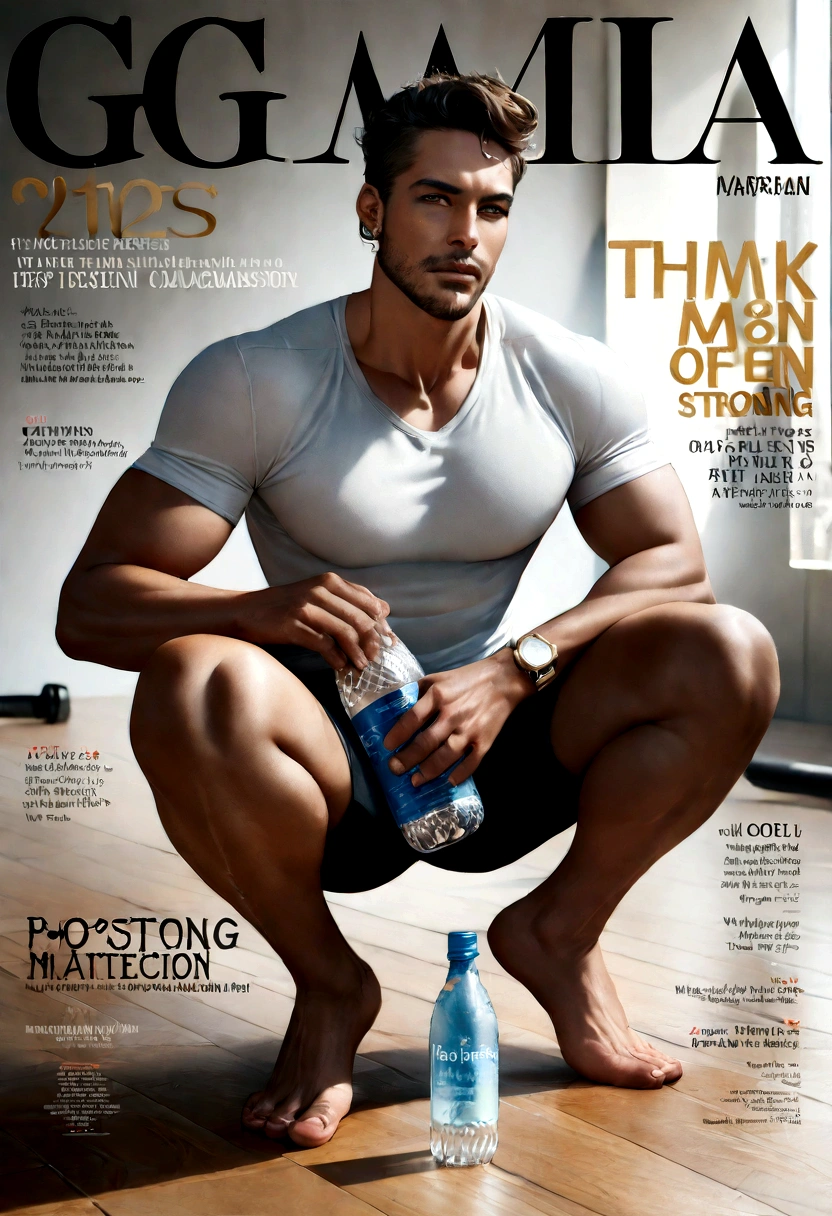 Arafian man holding a bottle of water and a bottle of ice, men's magazine model, male model, dark-skinned man, men's fashion photo, full body, fitness model, head and shoulders photography, underwear ads, body tattoo and on the legs, advertising men's underwear products, super strong and cool, ((full body: 1.2)), (best quality: 1.5), (masterpiece: 1.5), (best quality, 4k, 8k, high resolution, masterpiece: 1.2), ultra detailed, (realistic, photorealistic, photorealistic: 1.37), colorful, sculptural quality, man, masculine, 30 year old man, ((perfect face, ((male face)), (fantastic: 1.5), (best quality: 1.5), (masterpiece: 1.5), ((full body: 1.5)), magazine cover