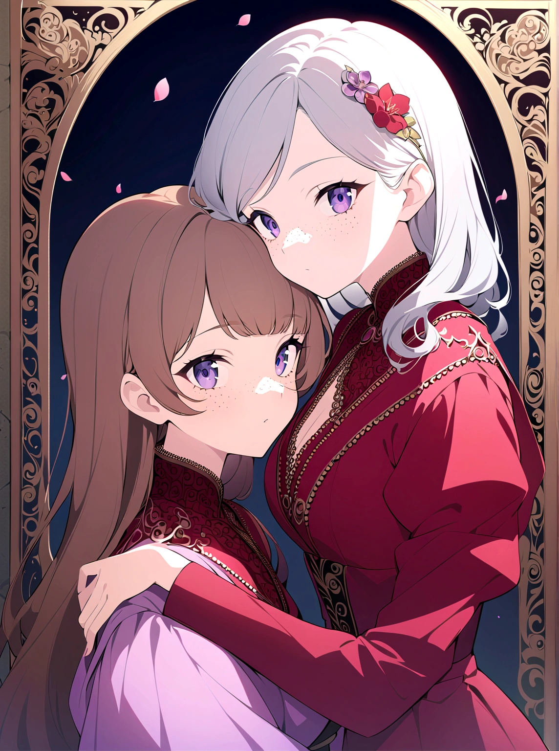 beautiful anime girls, two girls kissing, one girl has short wavy brown hair and a fancy red suit, the other has silver hair, freckles. Dark purple robes, long skirt, petals, dark eyelashes, perfect eyes, perfect face, intricate, intricate details, epic, character portrait, cinematic portrait, anime, anime art