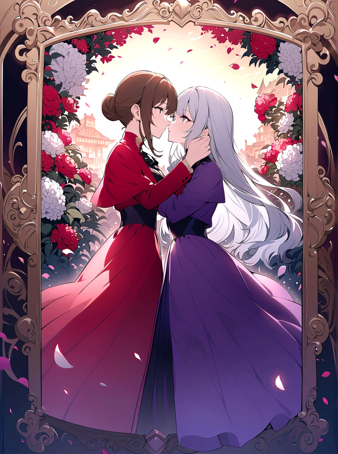 beautiful anime girls, two girls kissing, one girl has short wavy brown hair and a fancy red suit, the other has silver hair, freckles. Dark purple robes, long skirt, petals, dark eyelashes, perfect eyes, perfect face, intricate, intricate details, epic, character portrait, cinematic portrait, anime, anime art