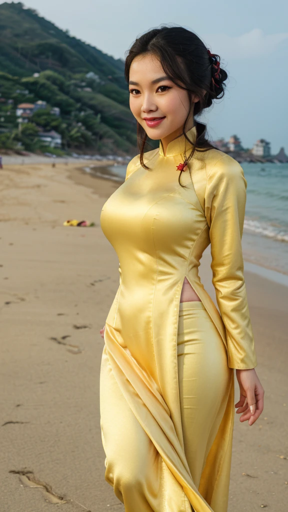 [8k UHD photos, UHD high quality photos, Super detailed and super clear images],
Close-up of a Vietnamese girl with a beautiful face and balanced body, round face, big round eyes, Charming smile, Red lips, long curly eyelashes, big dimples, pointed chin, plump face, Her face resembles Tuyet Linh, Tall and plump figure, big breasts,
Wear yellow satin shiny and bright ao dai, walking on the beach,
Nhìn từ bên hông,
Satin ao dai,
