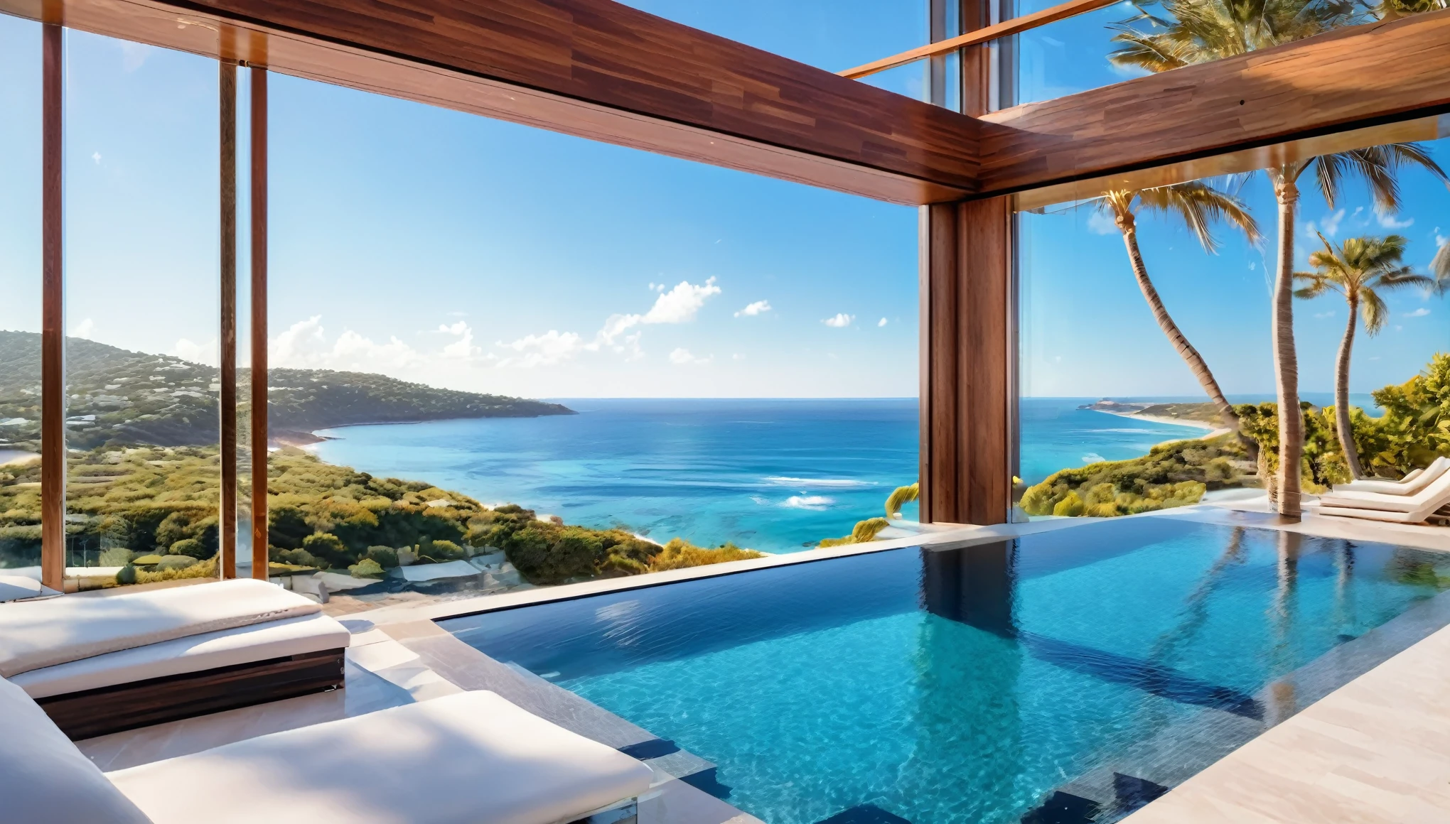 A modern luxury mansion with an infinity pool overlooking the ocean, floor-to-ceiling windows, and a sleek, luxury interior design.