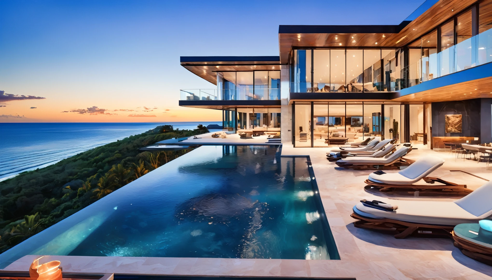 A modern luxury mansion with an infinity pool overlooking the ocean, floor-to-ceiling windows, and a sleek, luxury interior design.