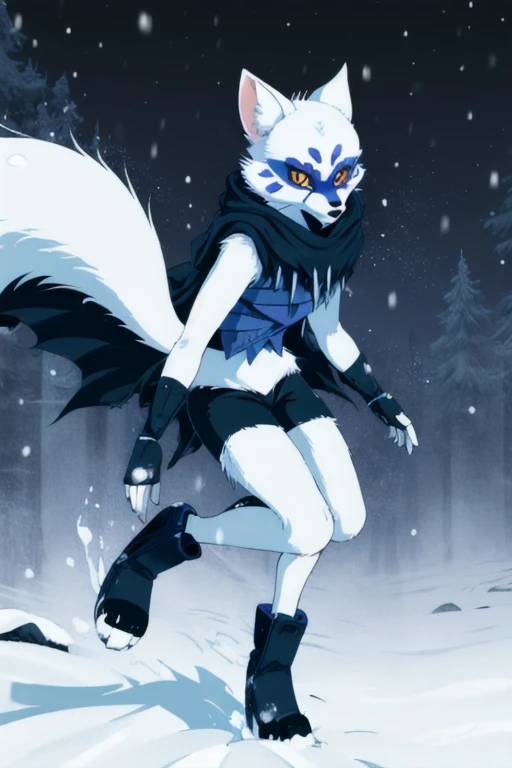 Alopex, arcticfox, tmnt, blue mark face, orange eyes, girl1, solo, snow, black cloak, bandage, tail, black shorts 