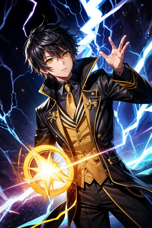 Elementary rays male character, with powers of shadow and lightning, (blackquality hair),(yellow  eyes)