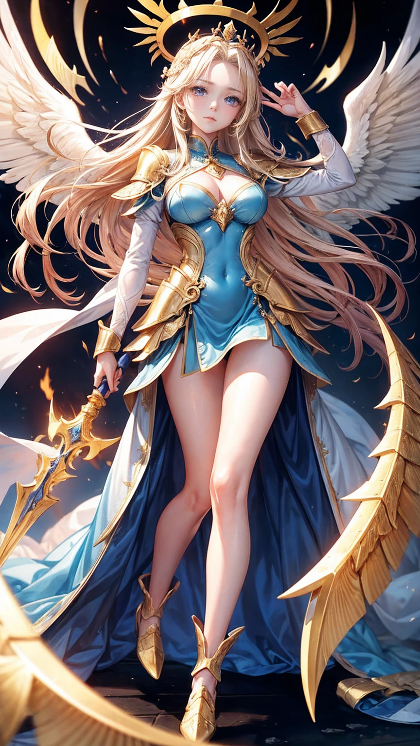 Qian Renxue, Young woman, goddess, six wings, Golden wings, angel wings, long blonde hair, open forehead, crown forehead jewelry, crown on back of head, The eyes are detailed., light blue eyes, big breasts, light purple dress, golden chest armor, silver forearm armor, Golden Divine Sword standing, Perfect Body, Beautiful thighs,solid frontal armor, high-heels, realistically, sky, An expressionless expression., Standing, view, blur, see the whole body