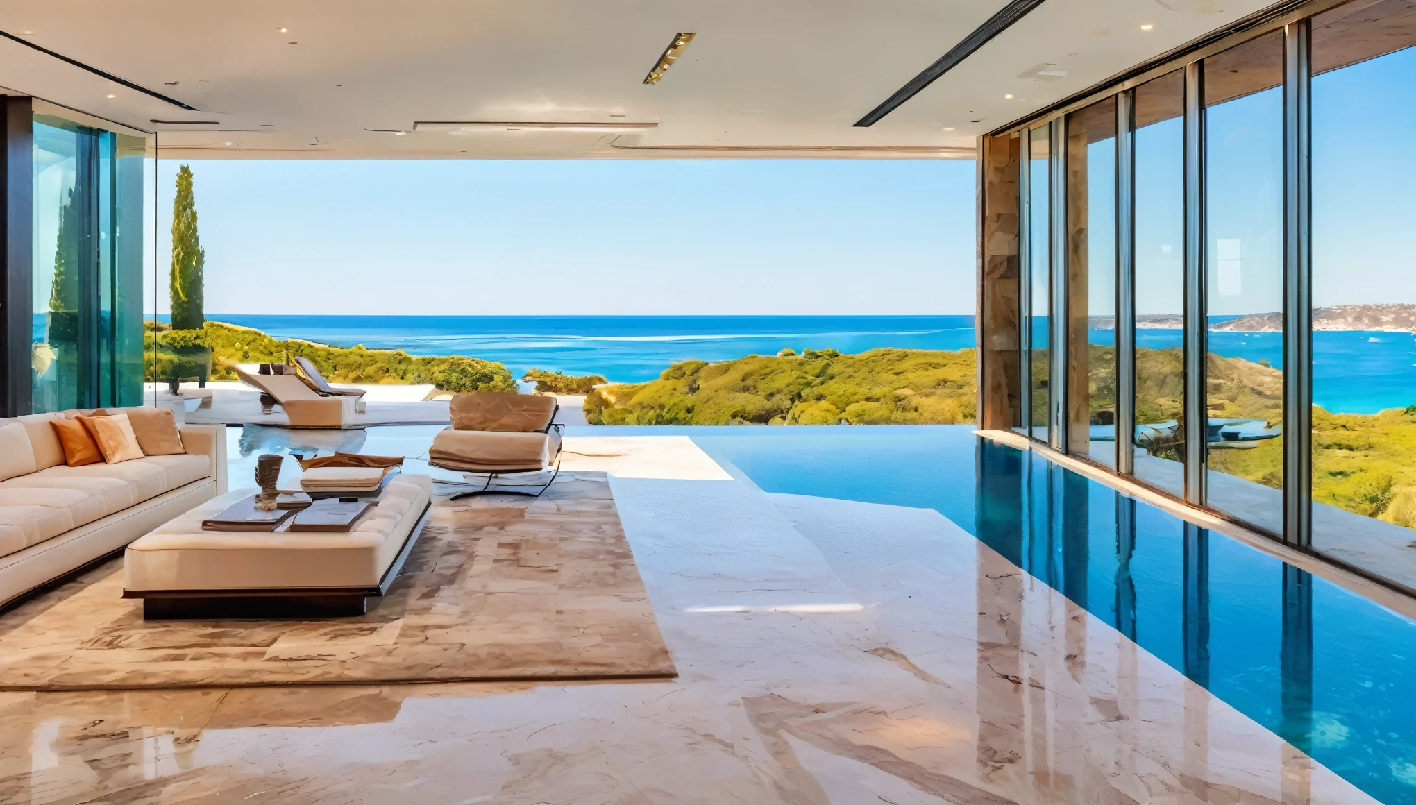 A modern luxury mansion with an infinity pool overlooking the ocean, floor-to-ceiling windows, and a sleek, luxury interior design. 