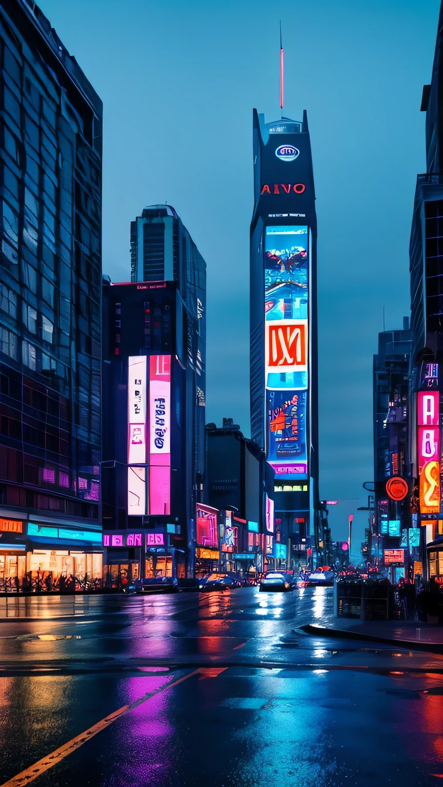 A futuristic cityscape at night, with neon lights reflecting on wet streets, and towering holographic advertisements in the sky