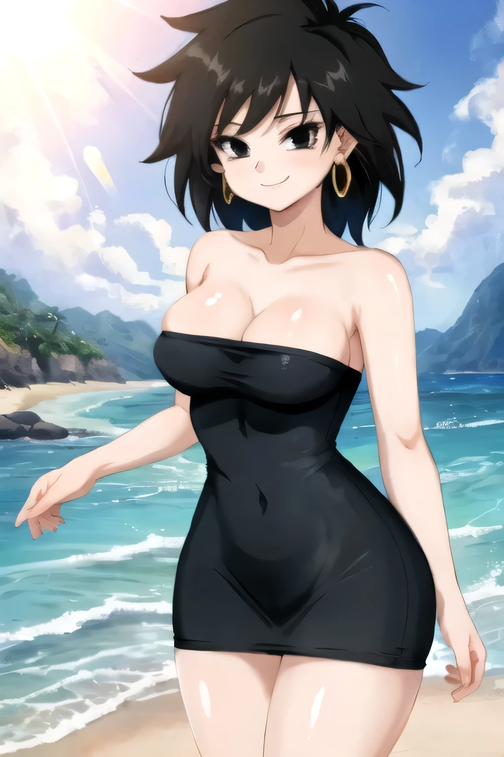 highest quality,masterpiece,ultra high resolution,(actual:1.4), 8K, gine, 1girl, solo, mouth closed, black hair, black eyes, bare shoulders, medium breast, collarbone, cowboy shot, short hair, spiked hair, strapless black tube dress, ocean, beach, big waves,black dress, long legs,bright and beautiful, gold earrings, seductive smile