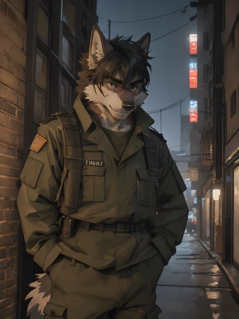 Male, male focus, wolf, short hairs, black fur, white fur, black hair, Red heart stripes on his hair, military uniform, high quality, highlight, shade, shadow, city street, night, scars, high details, Very high level of detail,