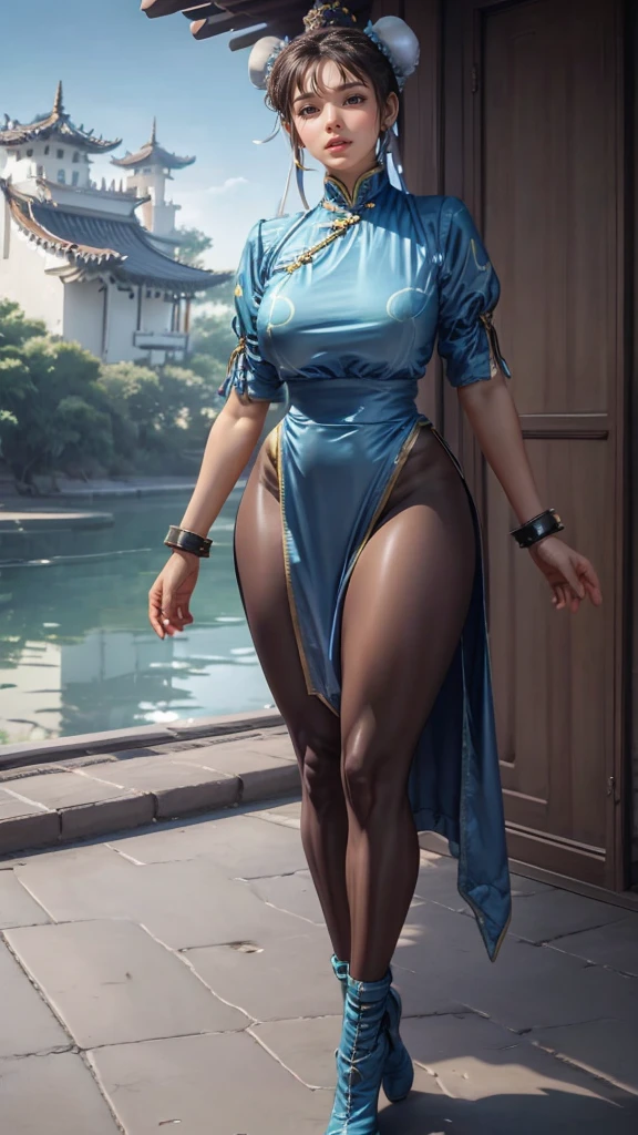 Chunli, wide hips, curvy, long legs, beautiful eyes, beautiful, full body, thick high, sexy chunli costum, paws body ,Chinese house background , wearing swom