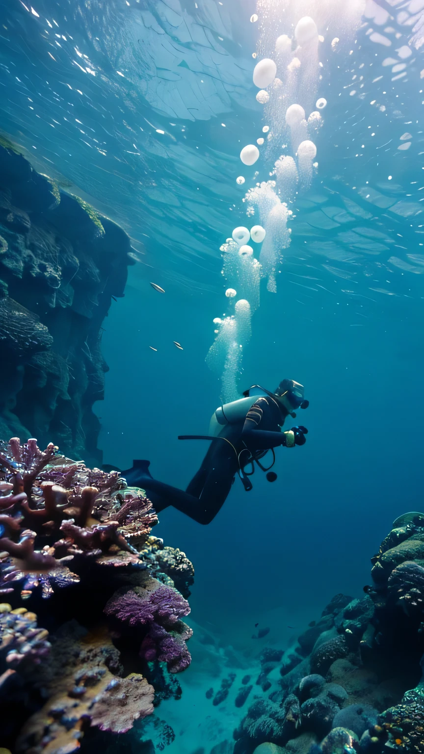 A serene underwater scene with glowing jellyfish, vibrant coral reefs, and a diver exploring a sunken ship