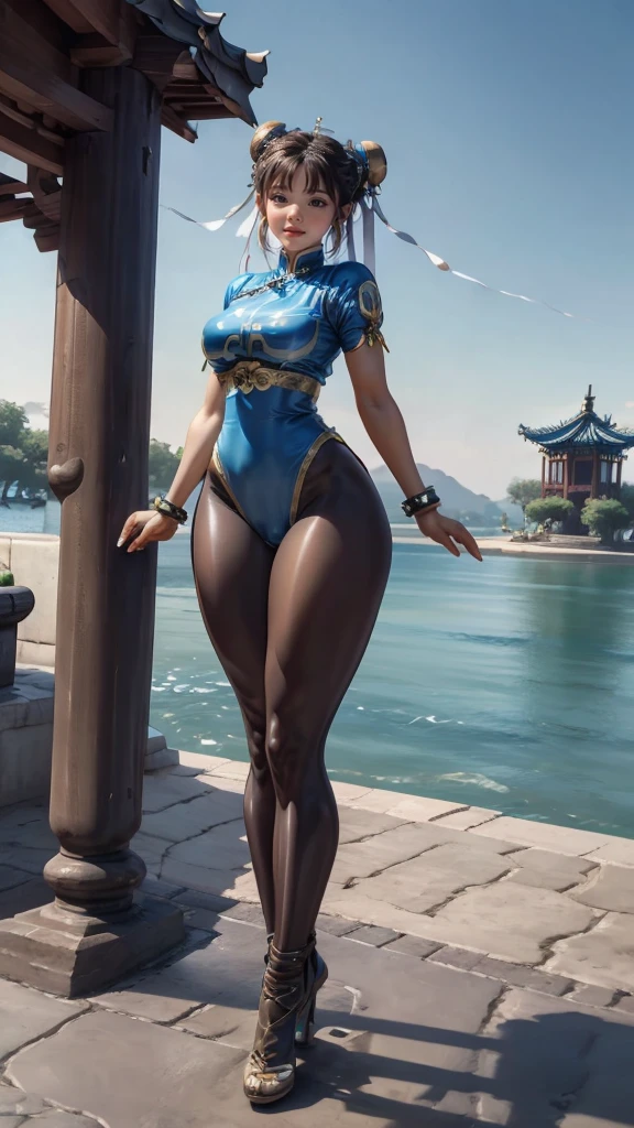 Chunli, wide hips, curvy, long legs, beautiful eyes, beautiful, full body, thick high, sexy chunli costum, paws body ,swimsuit, Chinese house background